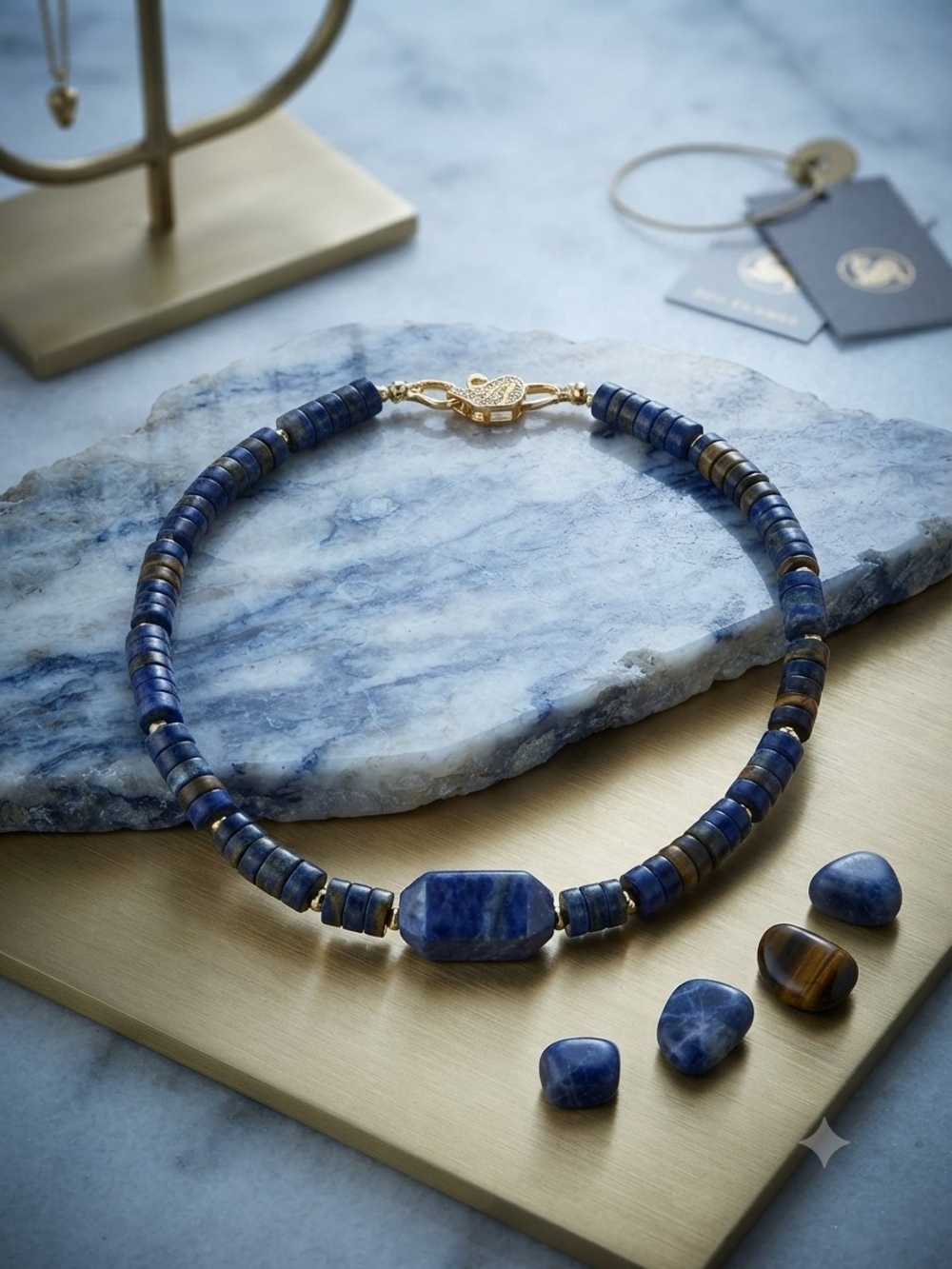 Blue Sodalite Beaded Choker Necklace with Gold Accent